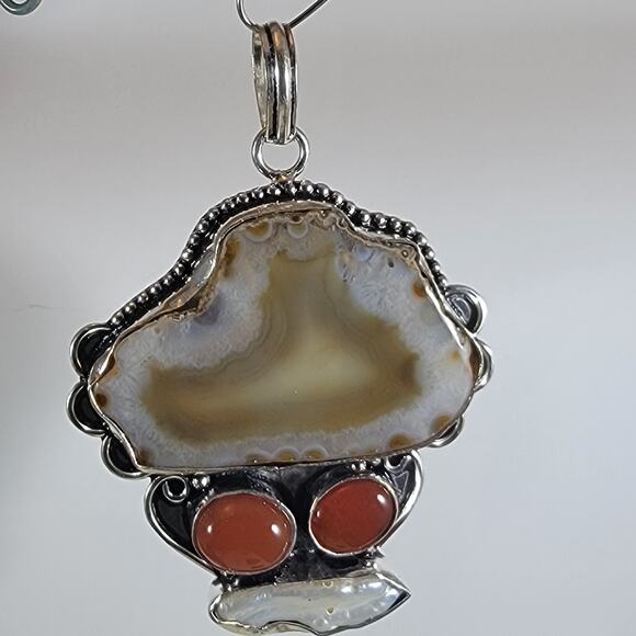 Agate Slice Pendant Necklace – With Carnelian & Pearl + 20" Sterling Chain - Picture 1 of 10